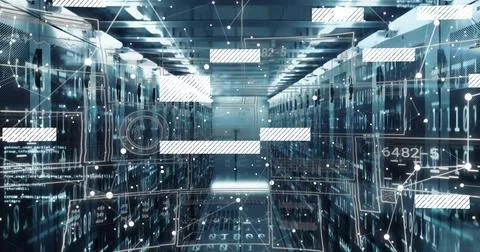 Displaying server racks lining data center corridor, with LED panels, network Stockfoto's