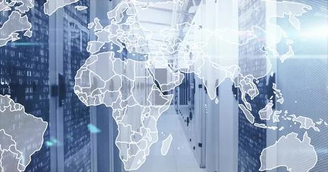 Displaying server racks lining data center aisle, showing cabling, LED indica Stock Photos