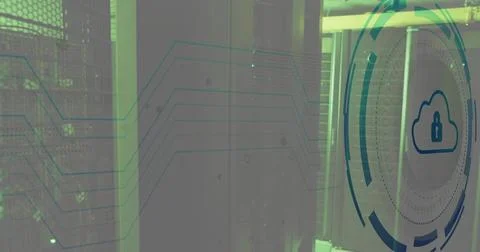 Displaying server racks merging with cloud-padlock HUD in dim green server Stock Photos