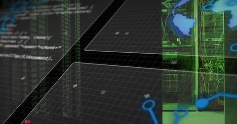 Displaying server racks with network cables at data center, grid panels, globe Stock Illustration