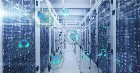 Displaying server racks with network cables, LED panels in data center, with 写真素材