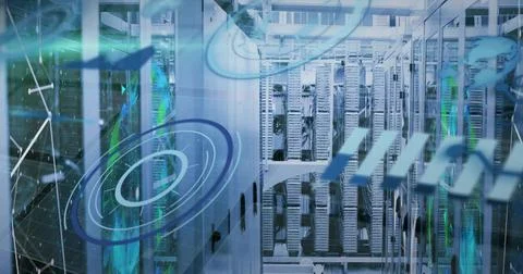 Displaying server racks operating in data center, with network switches and Stock-Fotos