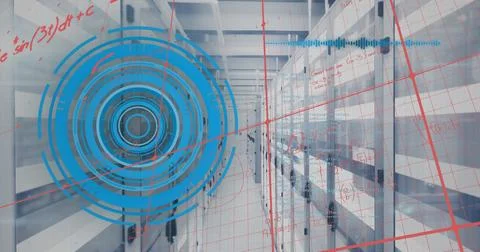 Displaying server racks with patch cables in data center, showing blue HUD rings Foto stock