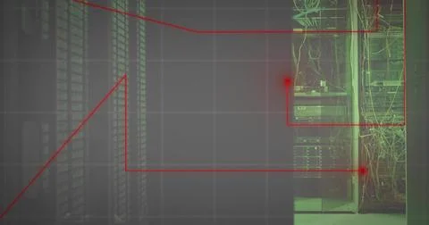 Displaying server racks with patch cables in data center aisle, red overlay Stock Photos