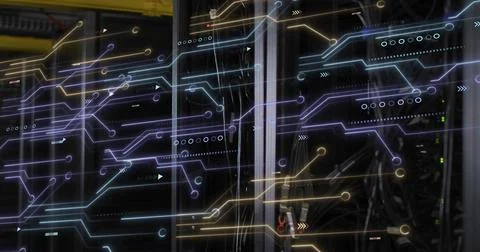 Displaying server racks processing data in data center with switches, LEDs, Stock Photos