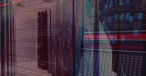 Displaying server racks processing encryption in data center, overlaying Illustrazione stock