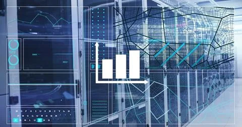 Displaying server racks projecting AR data overlays in data center, with bar Stock Photos