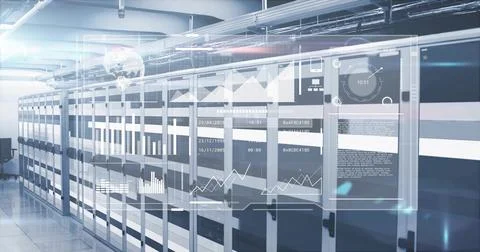 Displaying server racks projecting holographic data in data center hallway with Stock Illustration