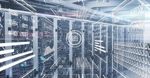 Displaying server racks projecting holographic overlays and LEDs in data center Stock Photos