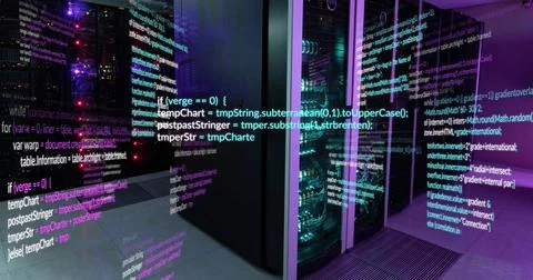 Displaying server racks projecting holographic code across secure data center 스톡 사진