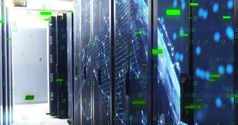 Displaying server racks projecting network holograms at data center, with LED Stock Photos