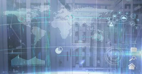 Displaying server racks projecting world map, analytics overlays and cloud icons Stock Illustration