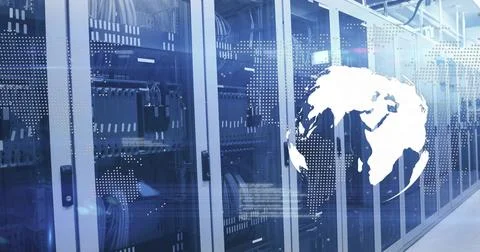 Displaying server racks projecting world map in data center corridor, with patch Stock Photos