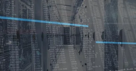 Displaying server racks reflecting floor in datacenter hall, floating code Stock Photos