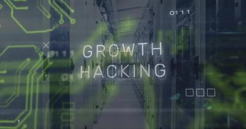 Displaying server racks in server room, with green circuit  and  code overlays, Illustrazione stock