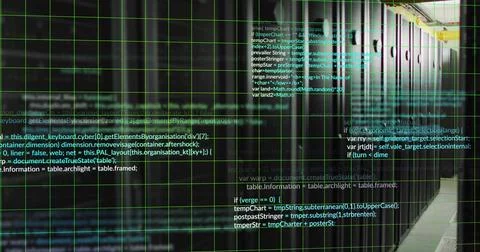 Displaying server racks shimmering in data center corridor, with code overlay, 스톡 일러스트