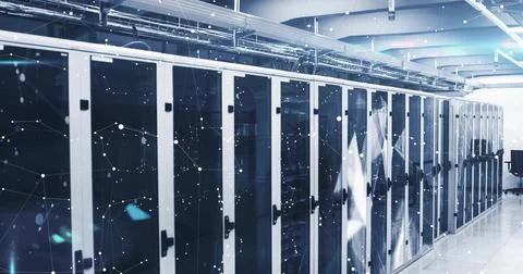 Displaying server racks showing blinking lights in data center corridor, with Illustrazione stock