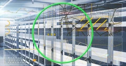Displaying server racks showing digital network overlay in data center, Stock Photos