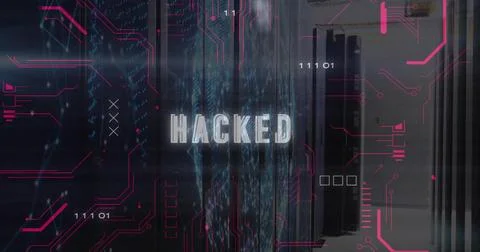 Displaying server racks showing glitchy HACKED overlay in server aisle, with 写真素材