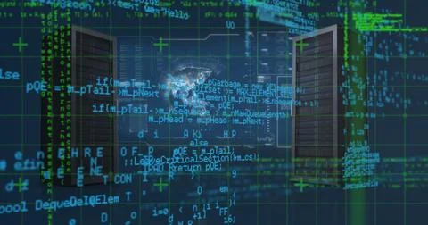 Displaying server racks standing in virtual datacenter, with floating code world 스톡 사진