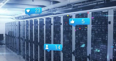 Displaying server racks streaming binary digits at data center, showing blue Stock Photos