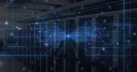 Displaying server racks streaming data via digital overlay inside data center, Stock Illustration
