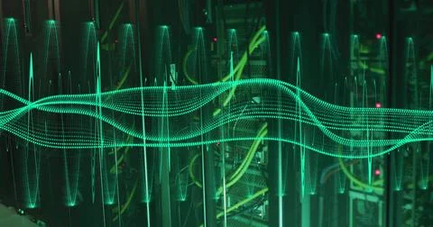 Displaying server racks streaming data in data center, with patch cables, LEDs Stock Illustration