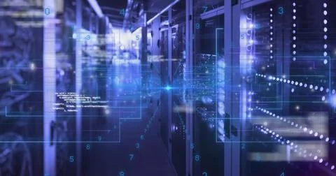Displaying server racks streaming data in server room corridor, with circuit Stock Photos