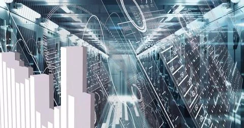 Displaying server racks streaming digital line graphs in data center corridor Stock Illustration