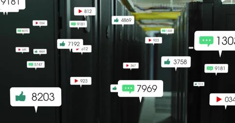 Displaying server racks streaming engagement icons in data center corridor, with Stock Photos
