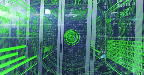 Displaying server racks streaming green overlays at data center with cables and 스톡 사진