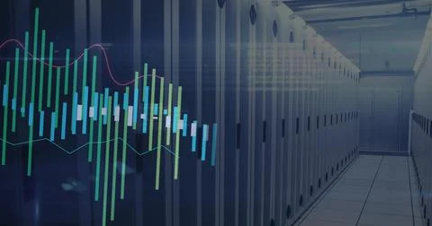 Displaying server racks with vented doors and LEDs running down raised-floor Stock Photos