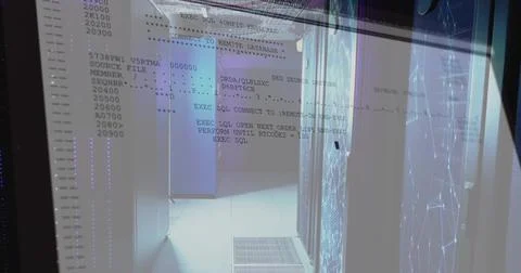 Displaying server room corridor with rack cabinets, raised floor, reflective Stock Illustration