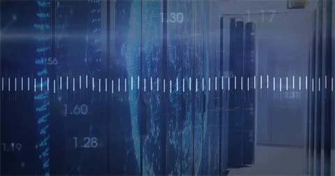 Displaying servers projecting world map overlay in data center corridor, with Foto stock