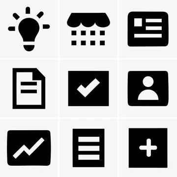 Displaying a set of distinct icons, including a lightbulb, storefront, docume Stock Illustration