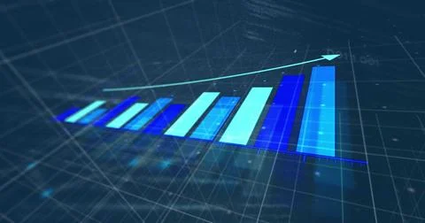Displaying seven 3D bars rising above digital grid with numeric axis markings, Ilustração Stock