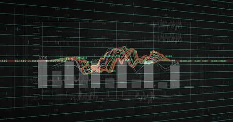 Displaying seven gray vertical bars and overlaying line graphs on dark Stock Illustration