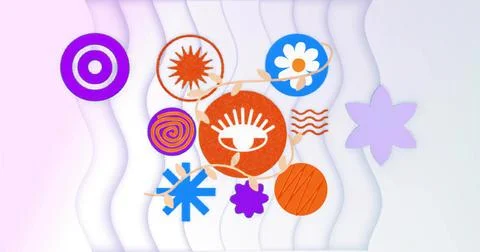 Displaying shapes forming cluster at pastel ribbon backdrop, with orange eye, 스톡 일러스트