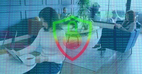 Displaying sheer padlock emblem with code overlay in glass room, team wearing Stock-Fotos