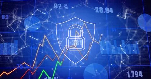 Displaying shield enclosing lock on blue grid with network nodes, data charts Stock Photos