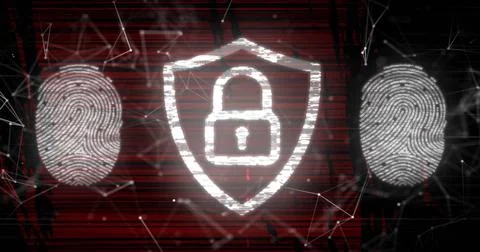 Displaying shield enclosing padlock in cybersecurity network with fingerprint イラスト素材