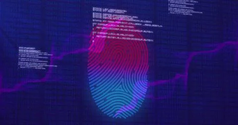 Displaying shield fingerprint pulsing on security interface, with code snippets Stock-Fotos