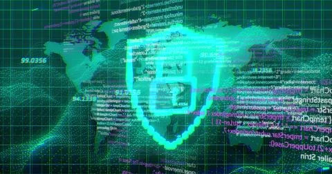 Displaying shield icon with check mark glowing on world map grid, with code Illustrazione stock