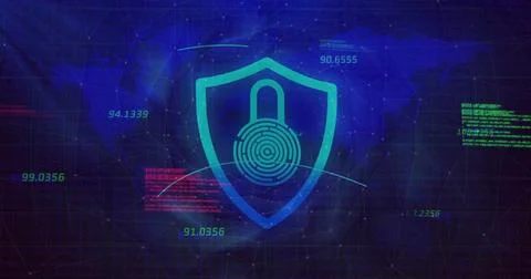 Displaying shield icon encasing padlock fingerprint over grid arc lines, flowing Foto stock