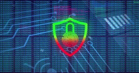 Displaying shield icon featuring padlock and fingerprint pattern against Stock Illustration