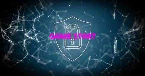 Displaying shield icon with keyhole and neon GAME START text over blue network, 스톡 일러스트