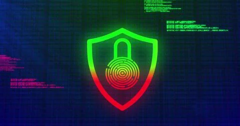 Displaying shield icon merging padlock and fingerprint on cybersecurity 写真素材