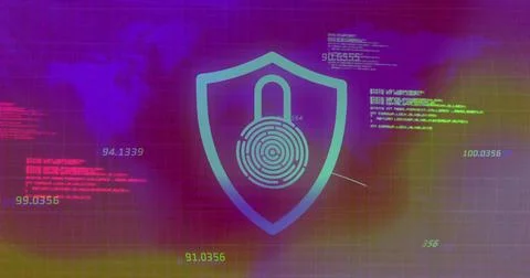 Displaying shield icon merging padlock and fingerprint over grid, with neon code Foto stock