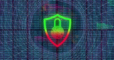 Displaying shield icon with padlock above fingerprint rings in network, code Stock Illustration