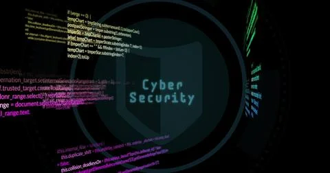 Displaying shield icon protecting data in cybersecurity dashboard, with code Foto stock